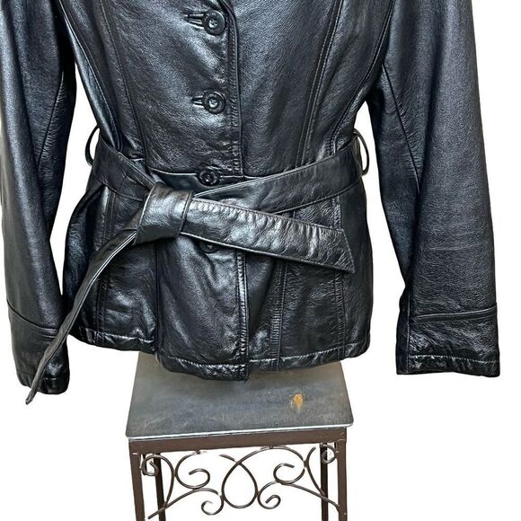 Wilson’s Leather Maxima vintage black leather belted button up jacket size L - Picture 6 of 16